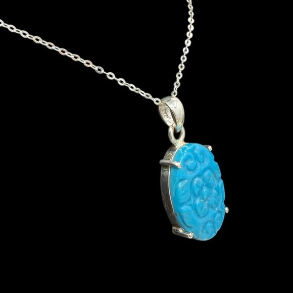 Carved Flower Turquoise Pendant Necklace 925 Sterling Silver 18in Chain Handmade - Picture 4 of 6